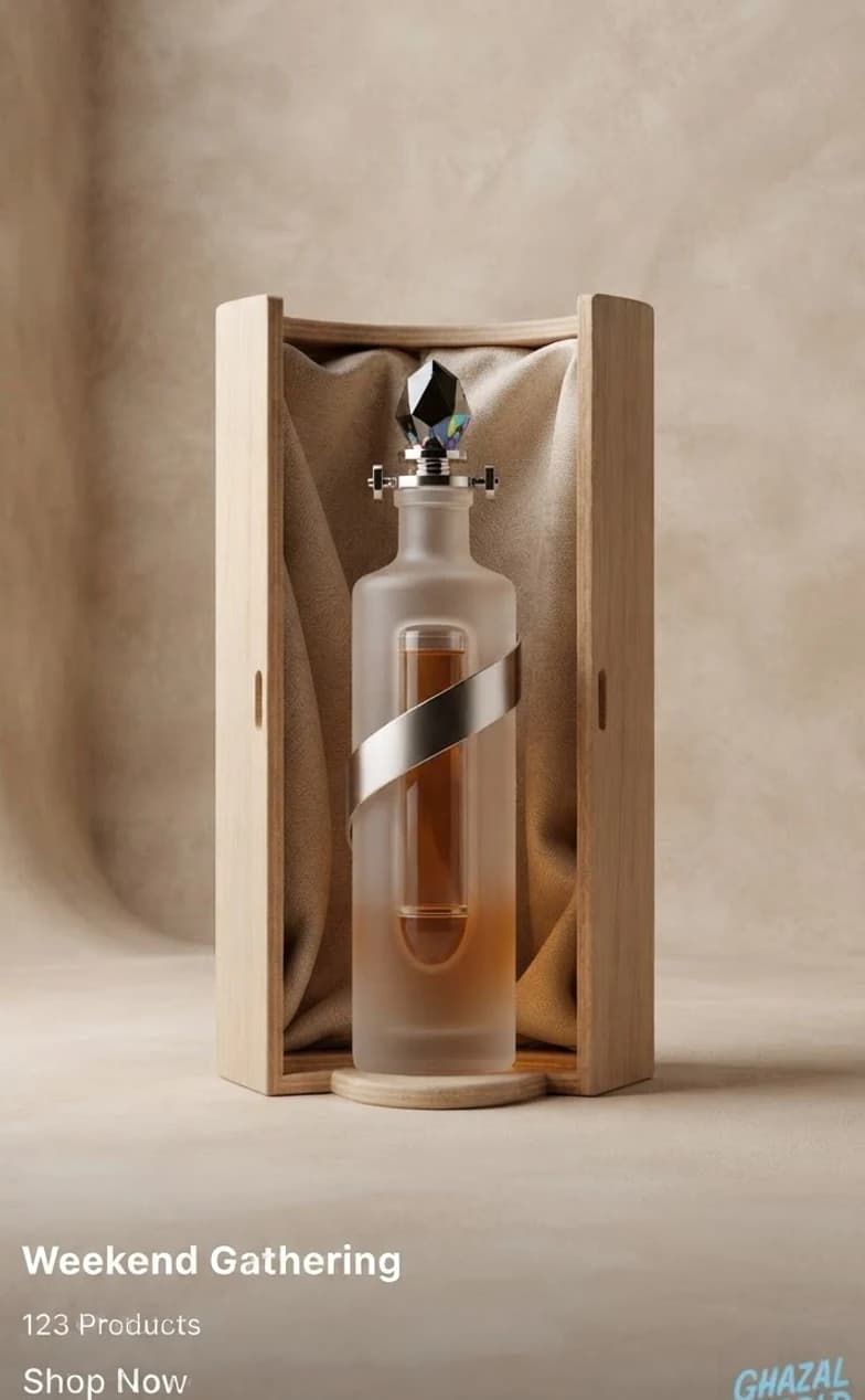 A tall spirit bottle standing in an open presentation box