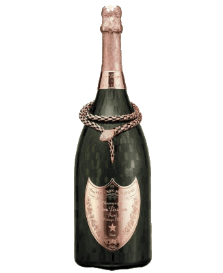 A dark champagne bottle with a rope collar and a rose gold label