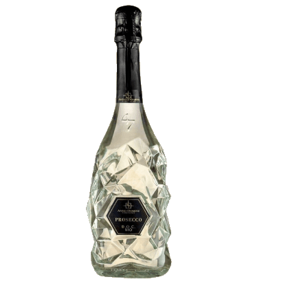 A faceted clear sparkling wine bottle with a black foil