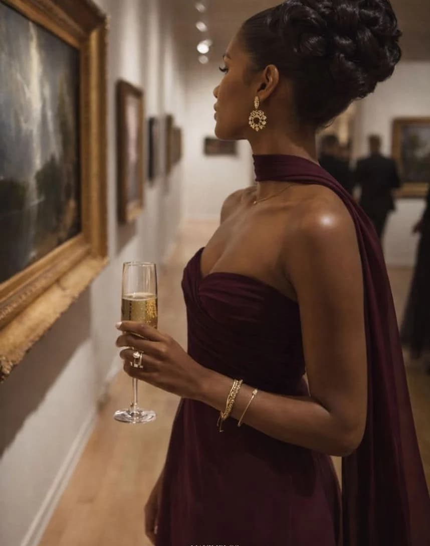 A guest in a wine-red gown holding a glass before a painting