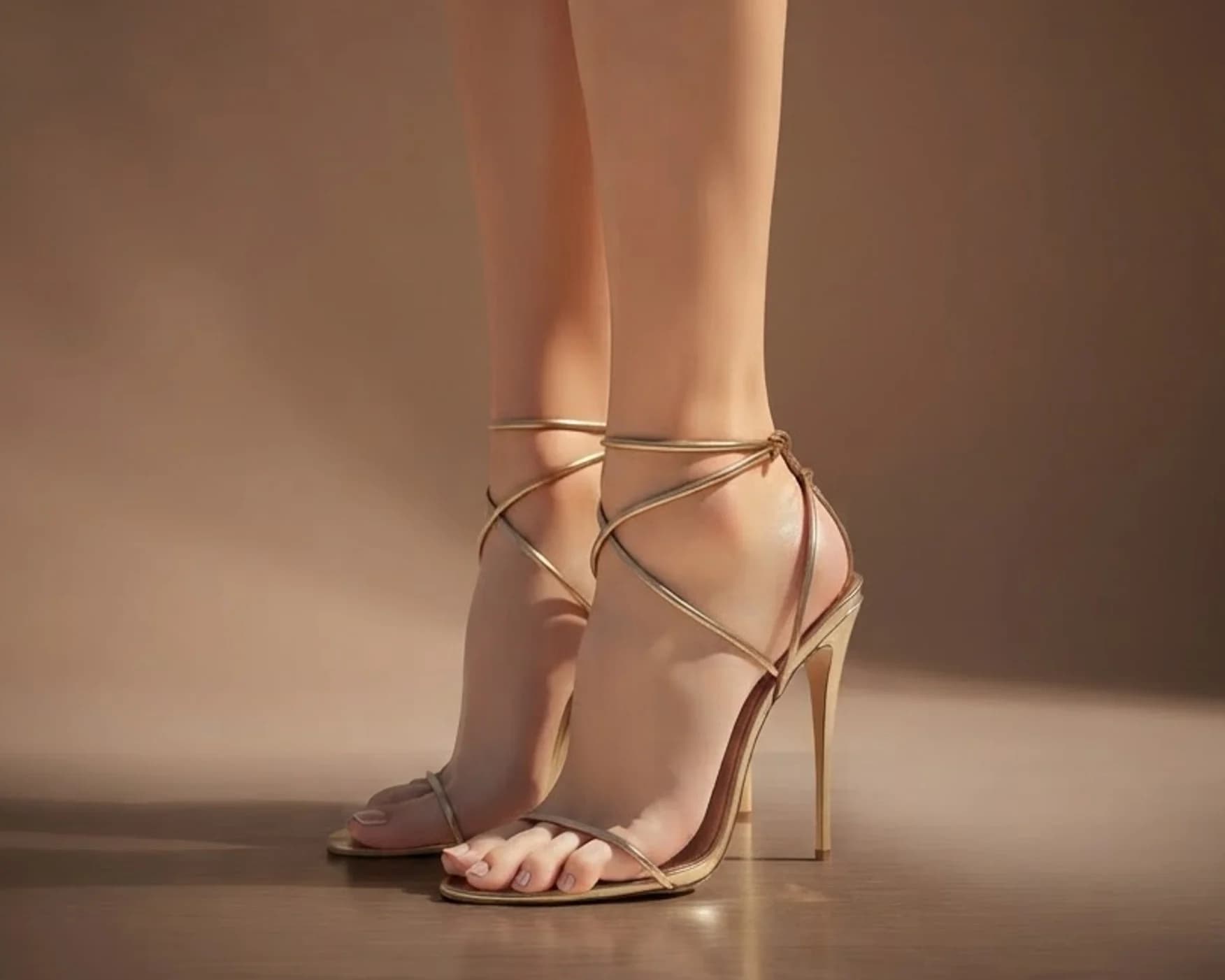 A gold strappy sandal laced around the ankle, lit against warm brown