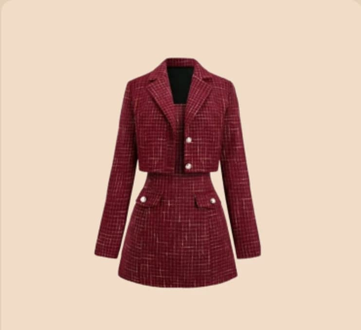 A burgundy tweed jacket and skirt