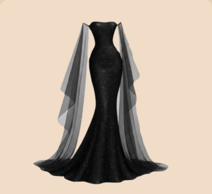A black beaded gown with a trailing veil