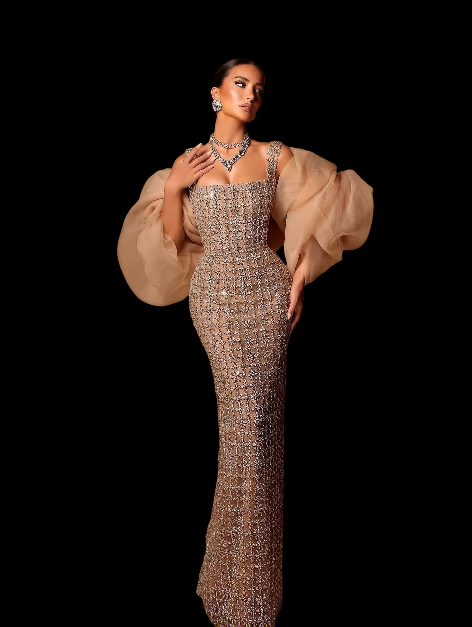 A model in a crystal-encrusted gown under a sheer wrap