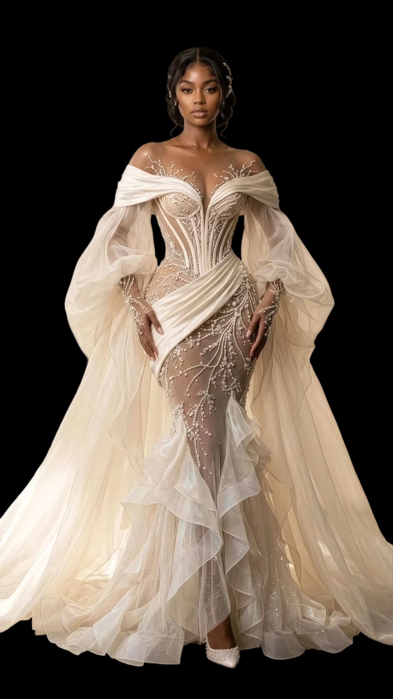 A model in an emerald sequinned gown with a feathered shoulder