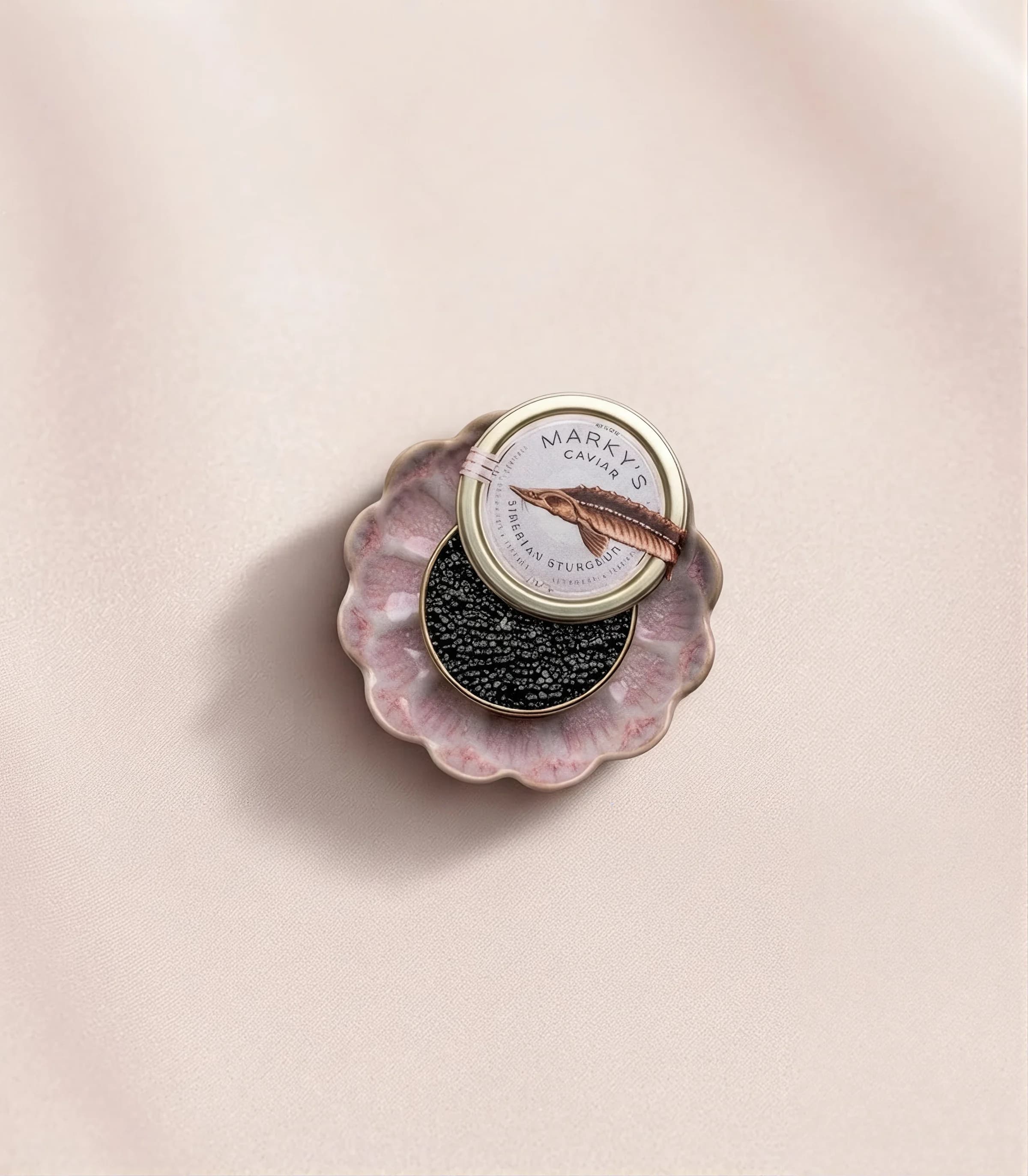 A dish of caviar on ice beside a mother-of-pearl spoon