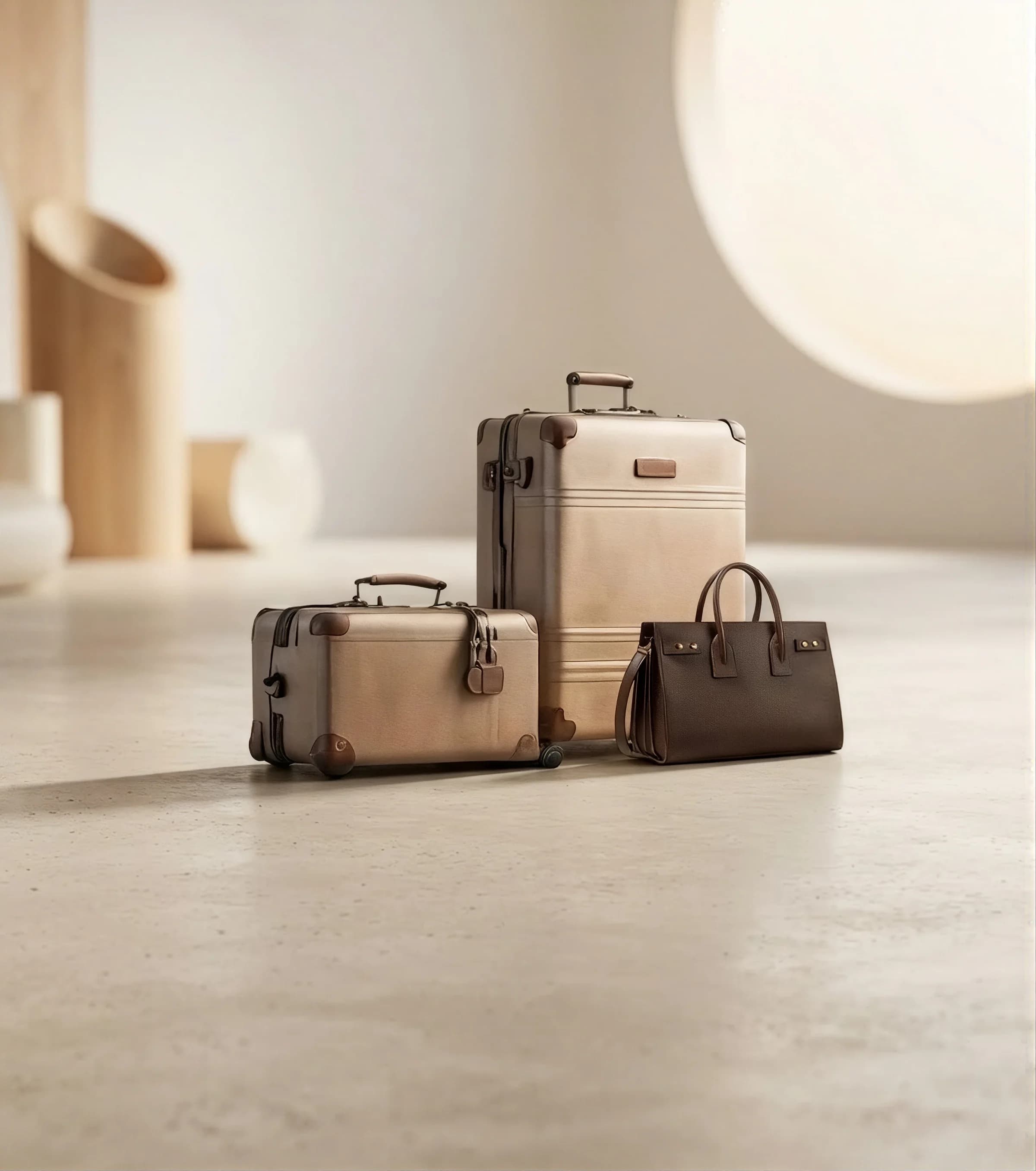 A woman lifting a tan leather bucket bag beside stacked trunks