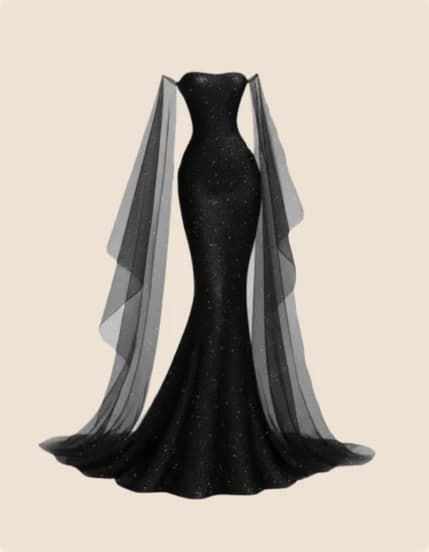 A black column gown with a sheer trailing veil