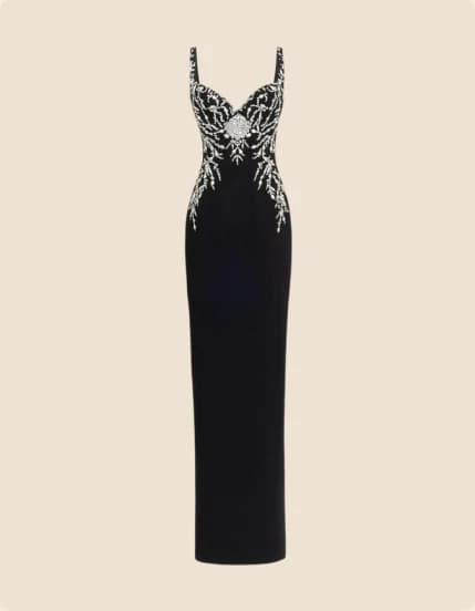 A black gown with beaded straps and bodice