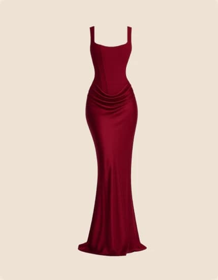 A deep red bias-cut gown