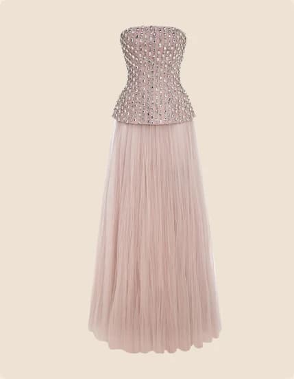 A blush tulle ballgown with a beaded bodice