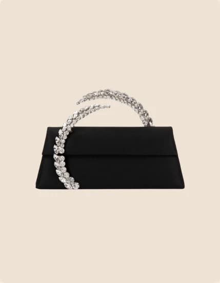 A black satin clutch with a crystal chain handle