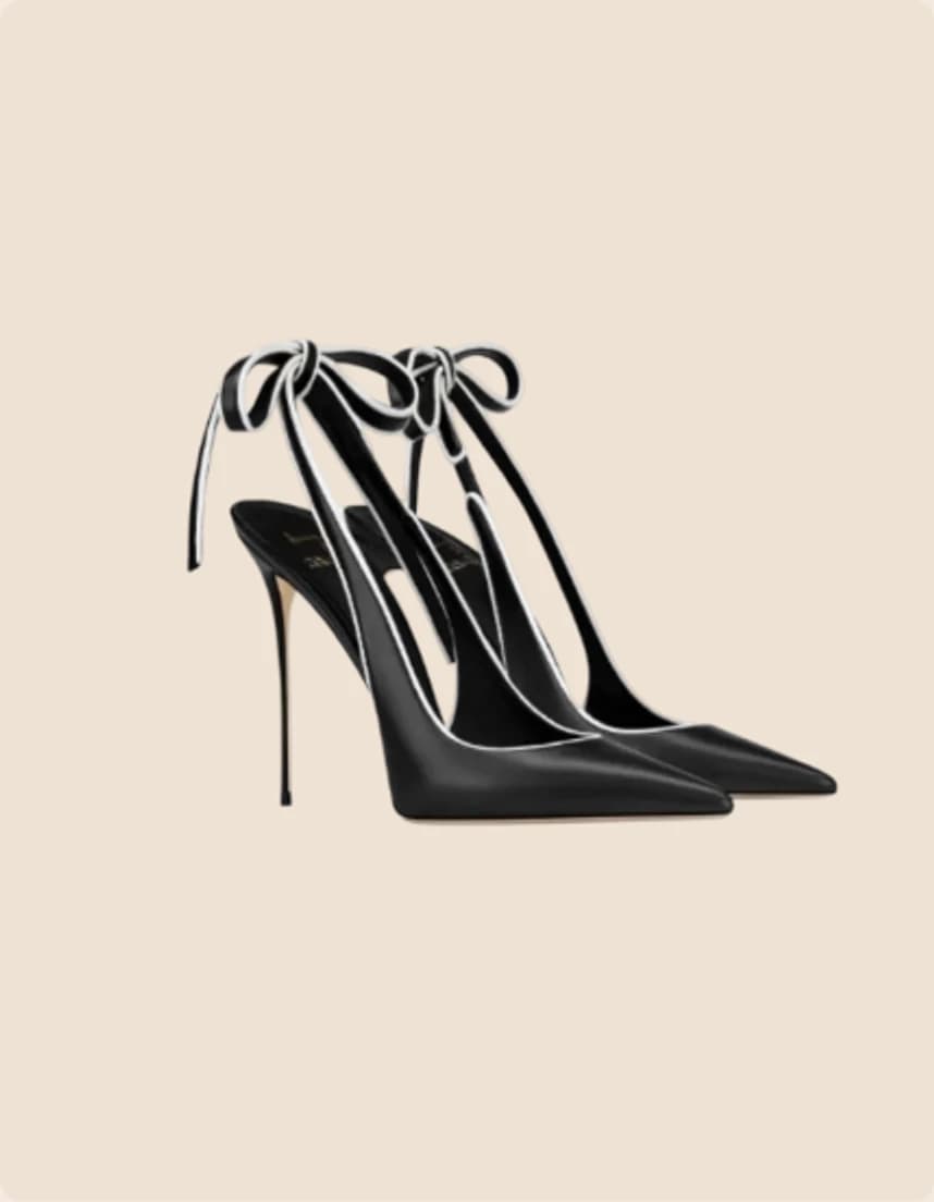 A black patent slingback laced with a satin ribbon
