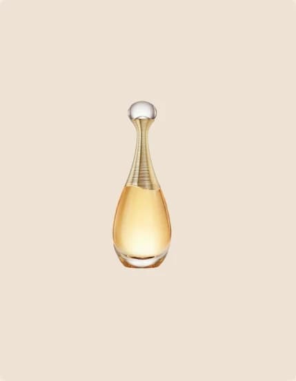 A gold teardrop-shaped perfume bottle