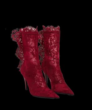 Knee-high boots in red lace over a pointed stiletto