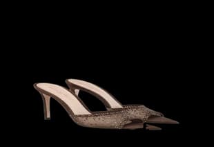 A pointed mule in glittered mesh on a fine stiletto heel