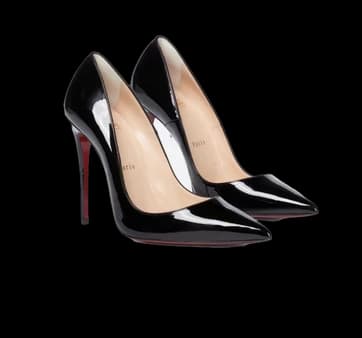 A pair of black patent pumps with red soles