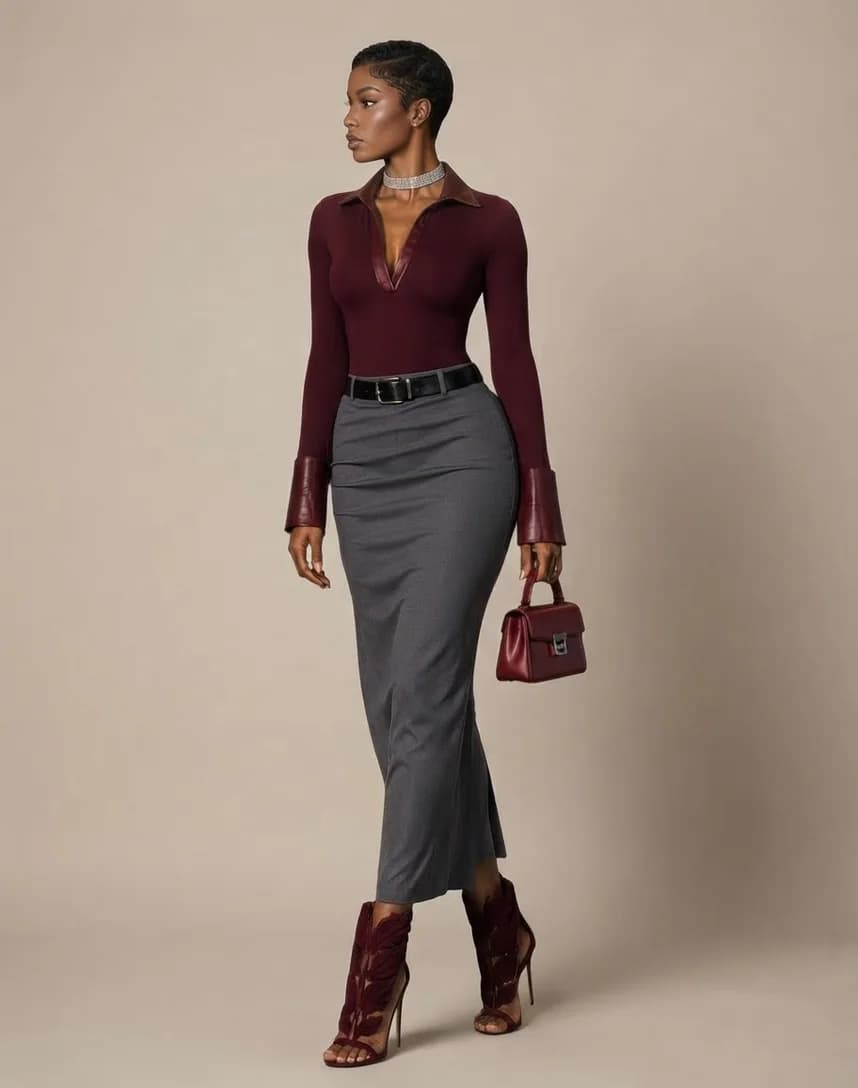 A burgundy top and grey column skirt over burgundy boots