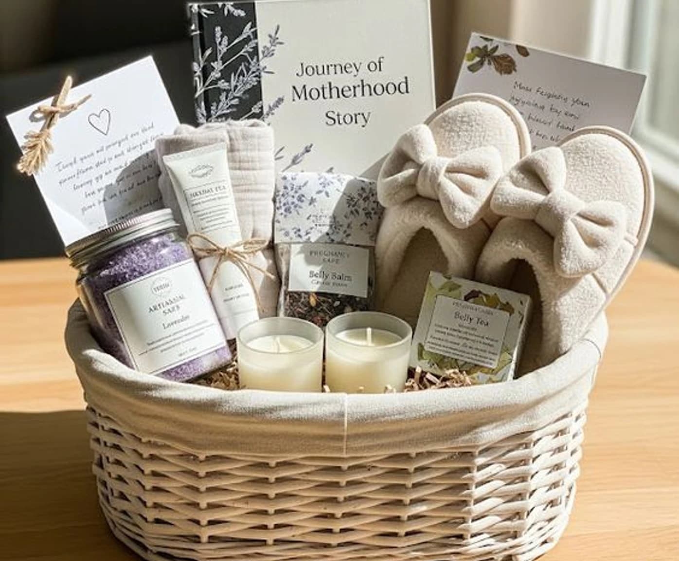 A wicker basket of candles, balms and a knitted bow