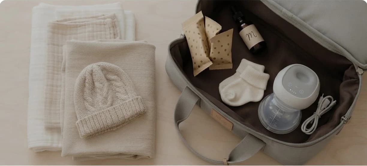 An open changing bag with muslins, socks and a bottle