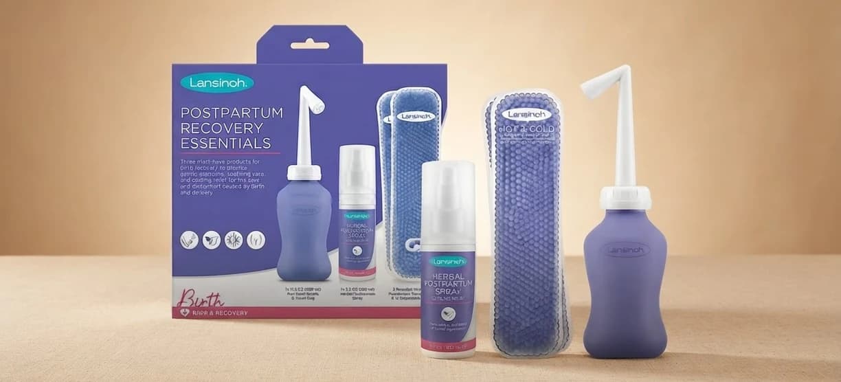 A boxed postpartum recovery set with peri bottles