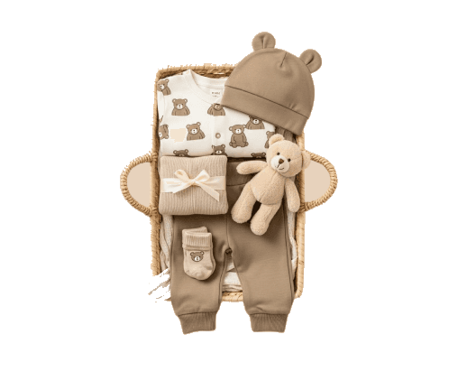 A gift set of newborn clothing and care items