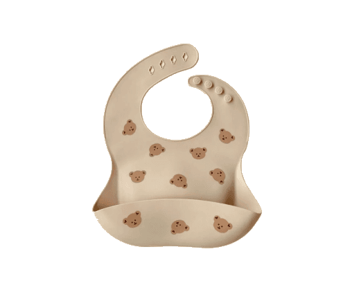 A clay-coloured silicone feeding bib