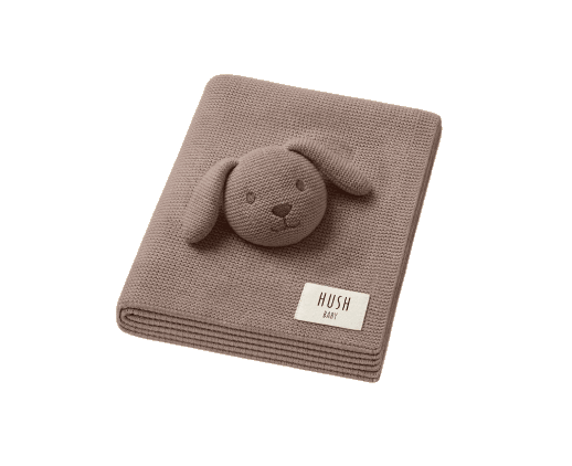 A taupe knitted baby blanket with an embroidered animal