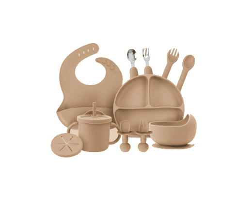 A clay-coloured silicone plate, bowl and spoon set