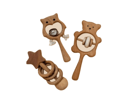 A wooden pram garland with hanging rattles