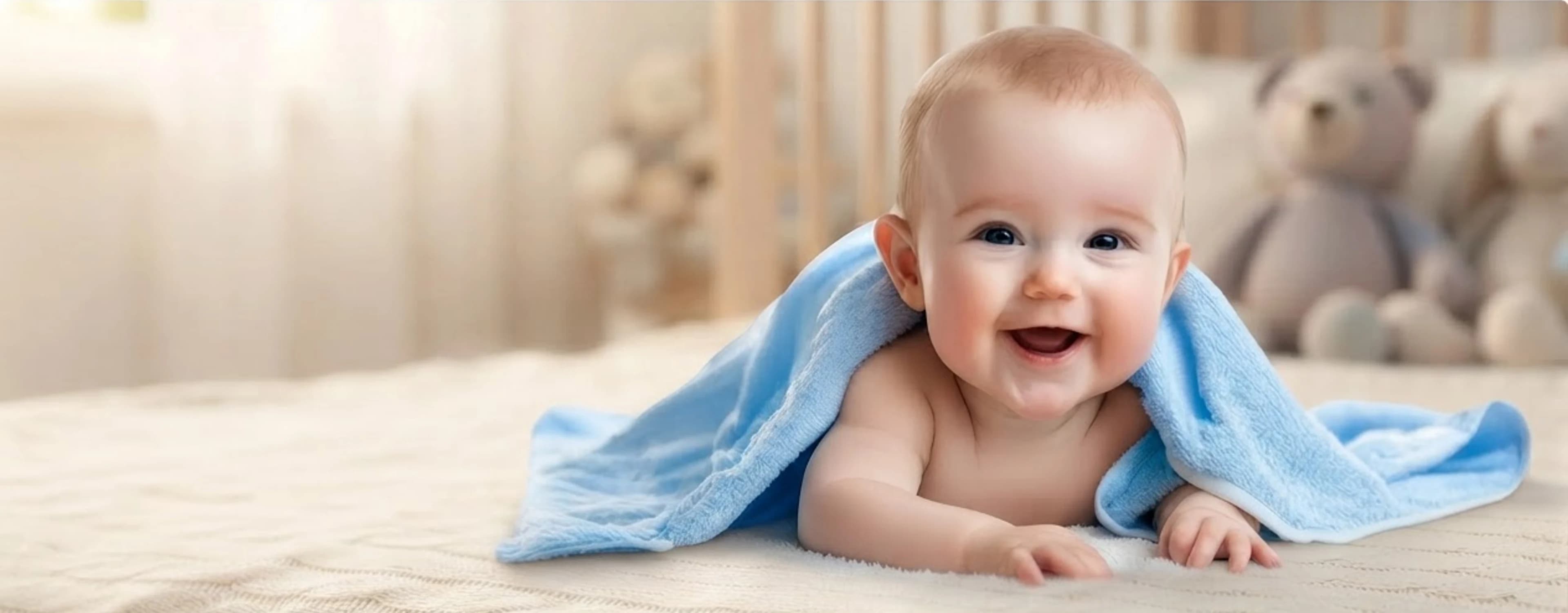 A smiling baby under a blue towel on a bed, a teddy bear behind