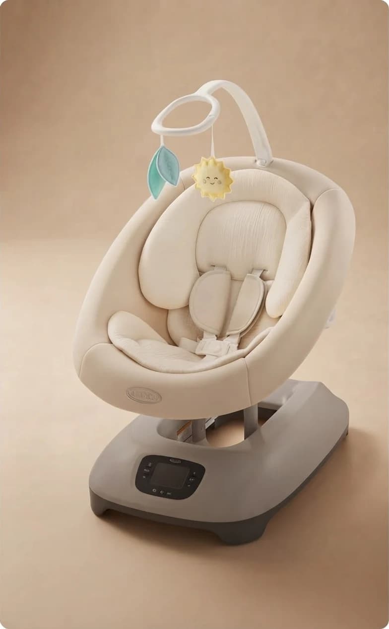 A cream baby bouncer on a curved frame