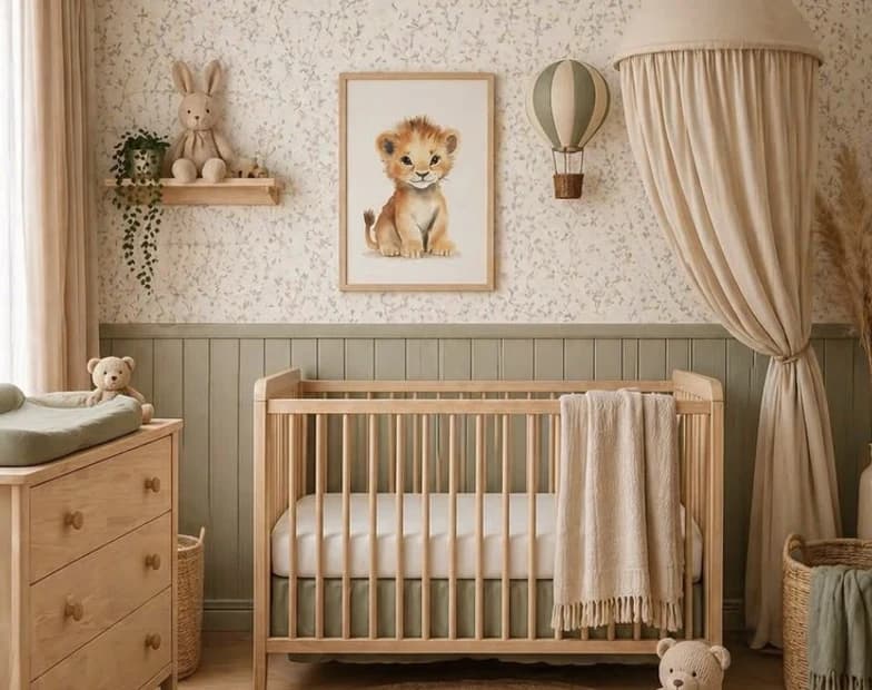 A cot and changing table in a papered nursery
