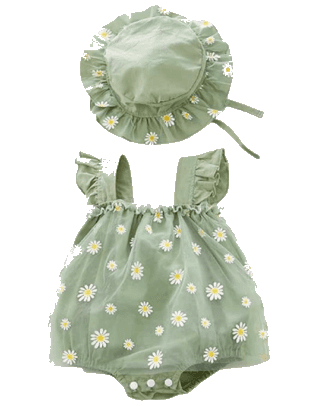 A green daisy-print romper with a matching bonnet