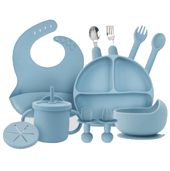 A blue silicone feeding set with a bib, plate and cutlery