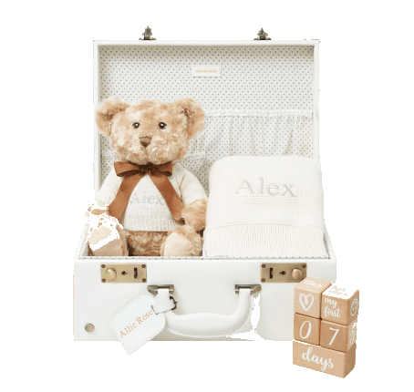 A named keepsake case with a teddy and wooden blocks