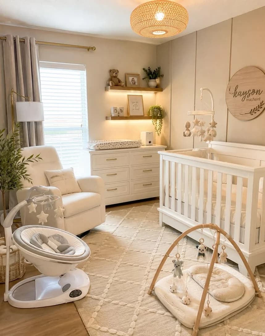 A nursery with a cot, a glider and a play gym