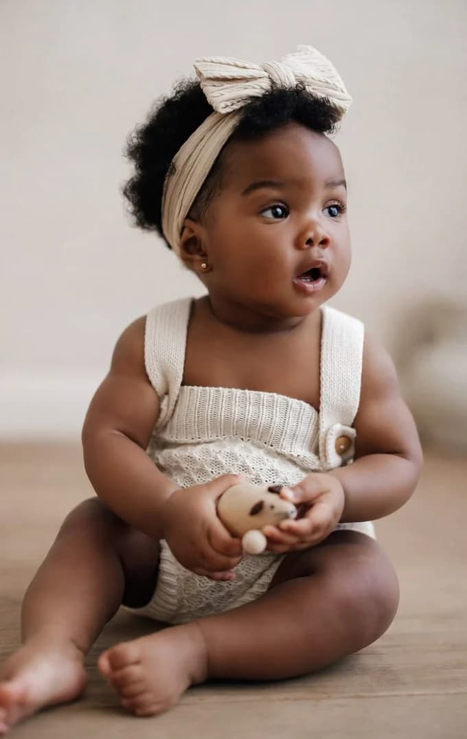 A baby in knitted dungarees sitting on a wooden floor