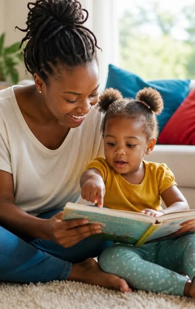 A parent reading a picture book with a toddler