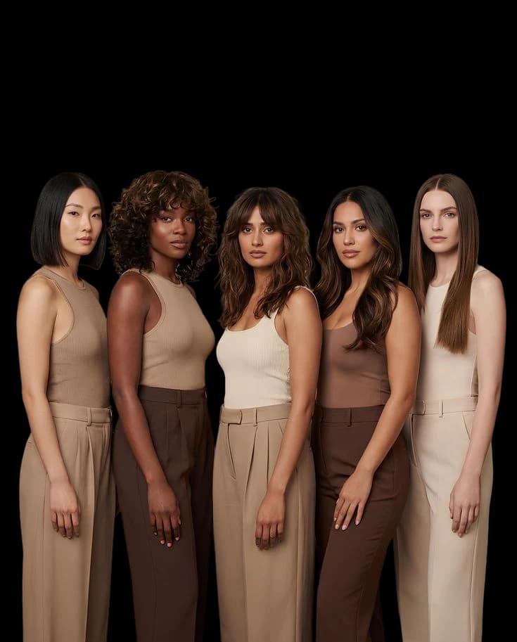 Five models in neutral tones wearing different cuts