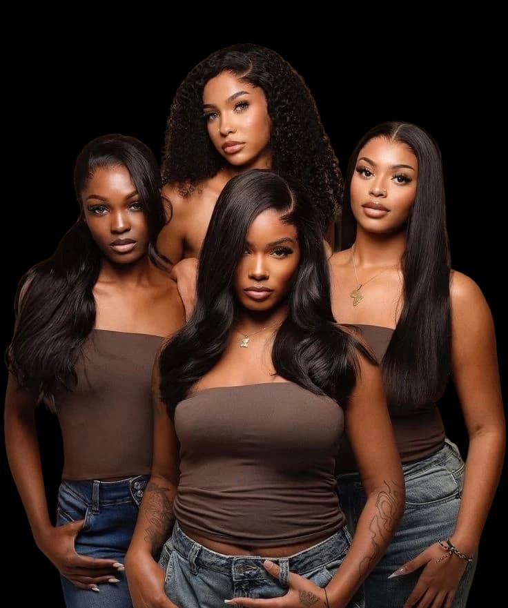 Four models in brown, hair worn straight and curled