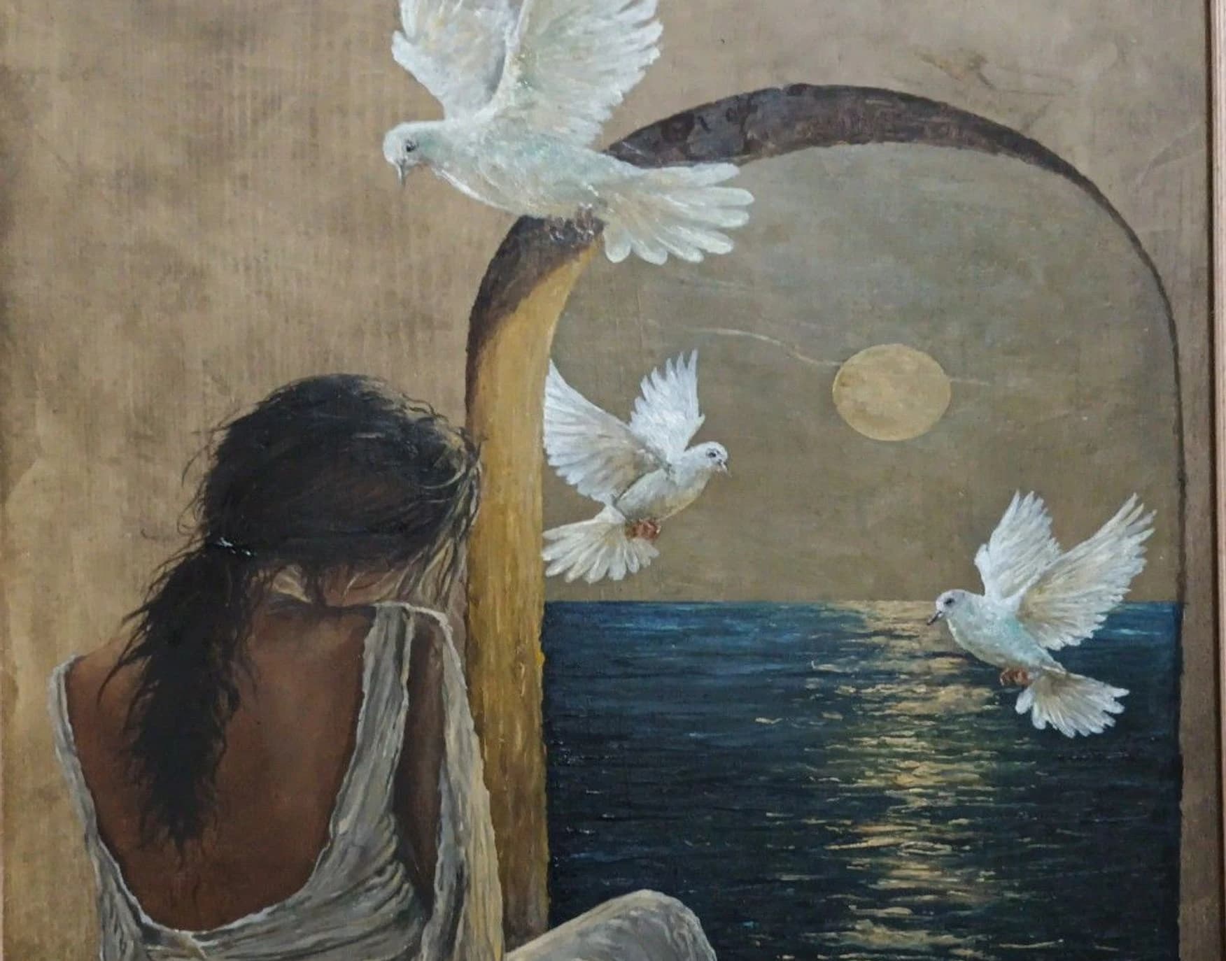 A painting of a woman seated before an arch, three doves over moonlit water