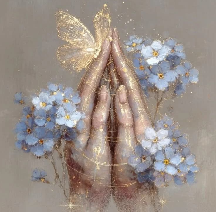 Two hands pressed together under gold wings, ringed with pale blue flowers