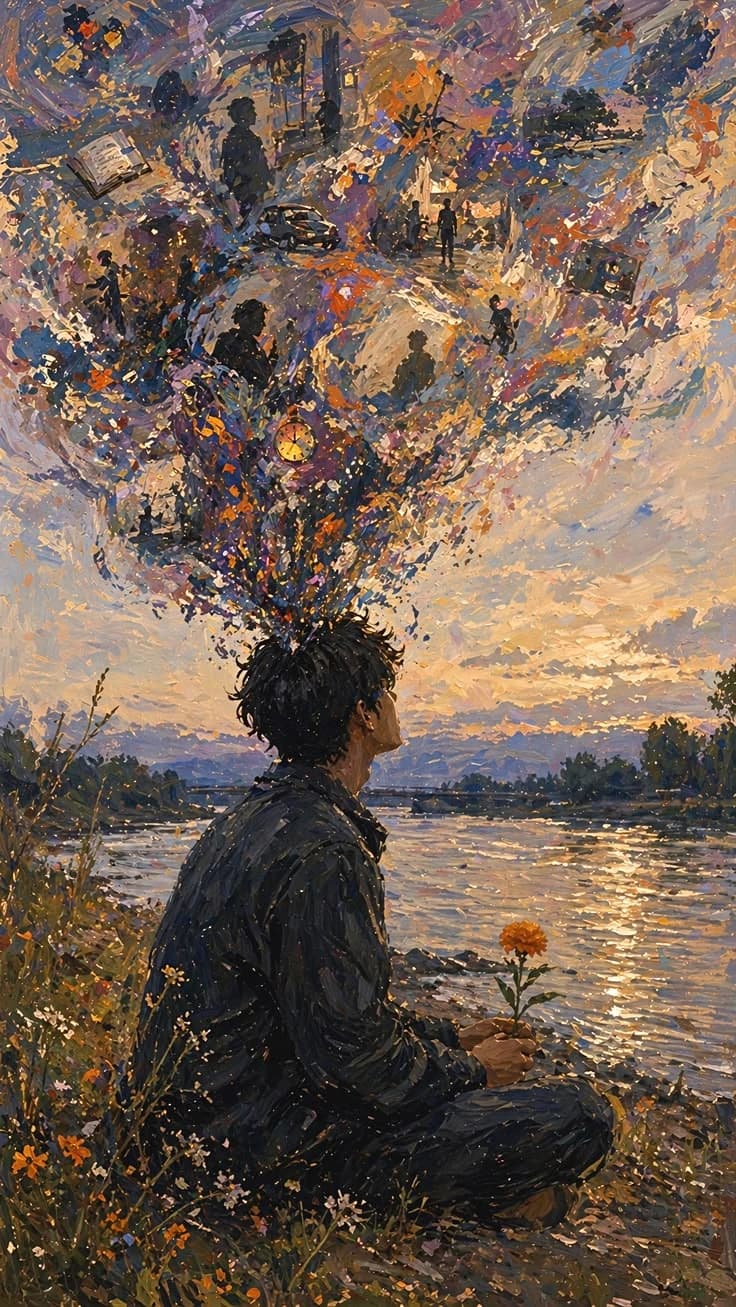 A figure sitting by a lake at sunset, their hair opening into a blossoming tree
