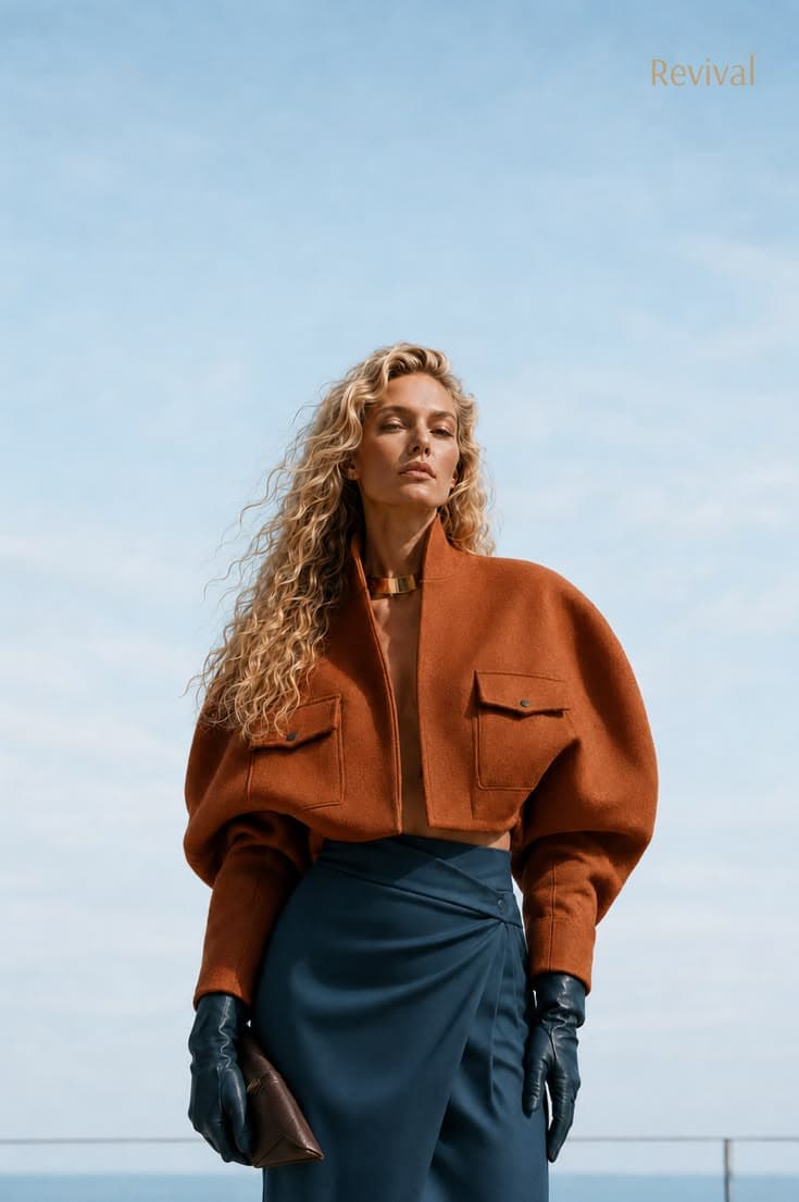 Model in a rust bomber jacket against the sky