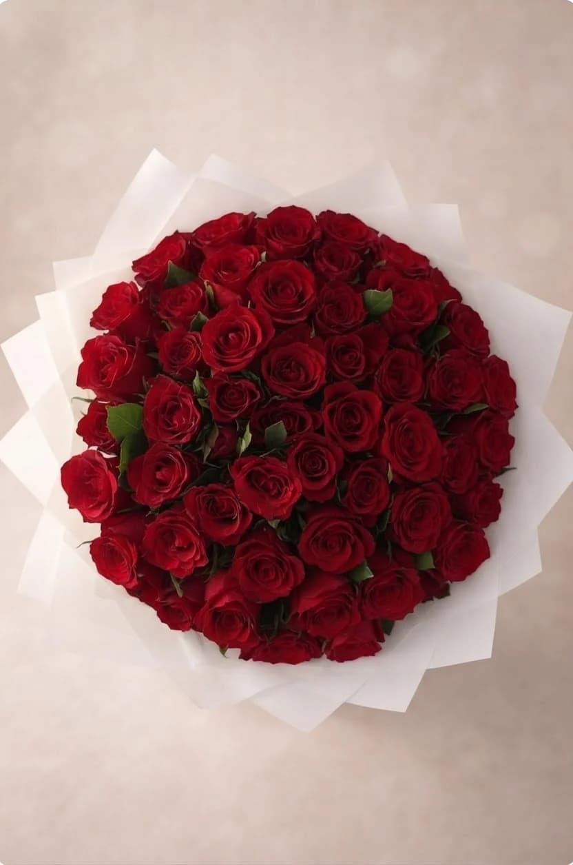 The same bouquet from above, the rose heads packed into a dome