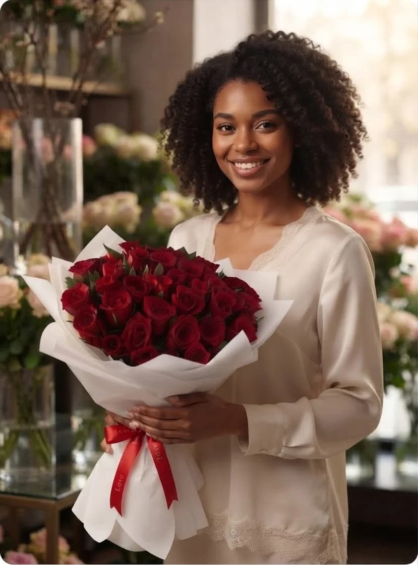 A florist holding the bouquet in the shop