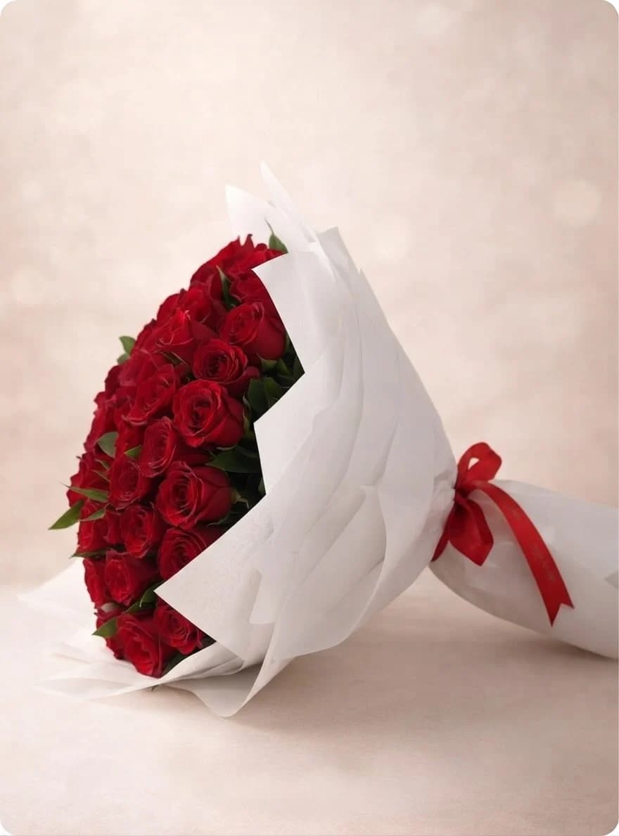 The bouquet at three-quarters, the wrap open and the ribbon trailing