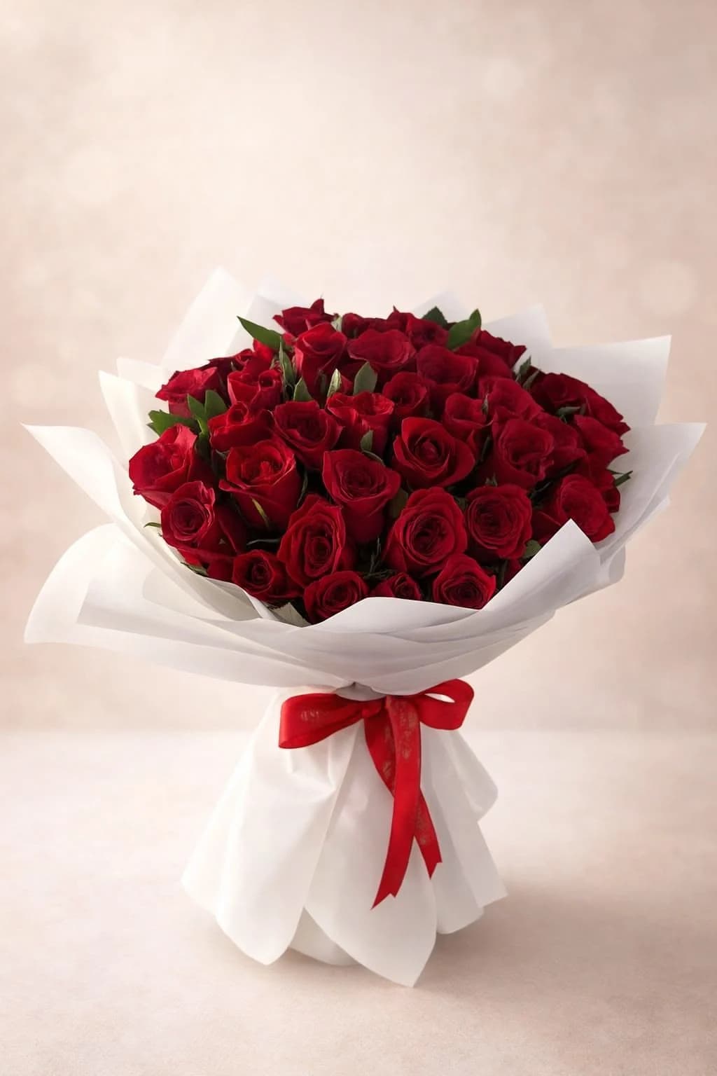 A red rose bouquet in a white wrap tied with a red ribbon, seen from the front
