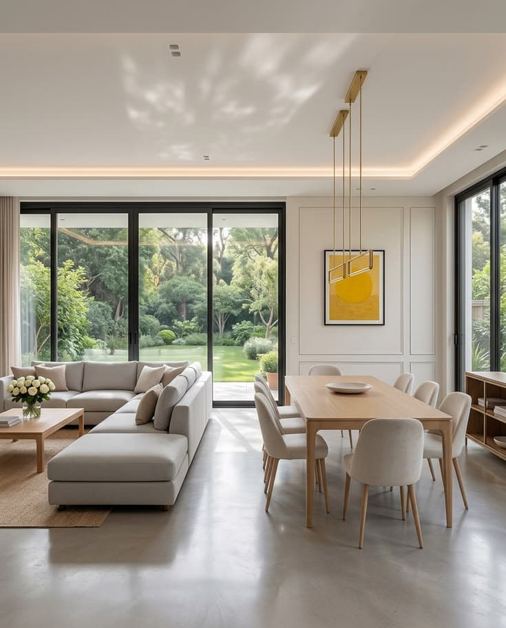 A linen sofa and oak dining table in a garden-facing room